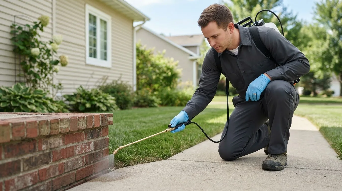Pest control technician treating a home near Ora, IN