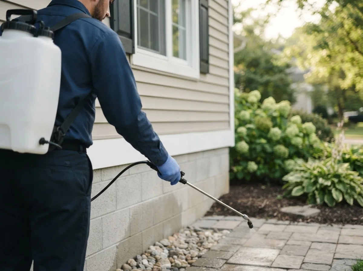 Pest control technician inspecting a home in Ora, IN